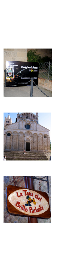 Questo giro della zona Bolgheri-Massa Marittima, l’abbiamo fatto in settembre del 2007. Alcune Foto
￼








Bolgheri
EnoJazz in Bolgheri￼








Massa Marittima
La Cattedrale
￼









Slow Food
La Tana del Brillo ParlanteAlcuni link utiliwww.bolgherijazz.com
www.bolgheridoc.com
www.lastradadelvino.com